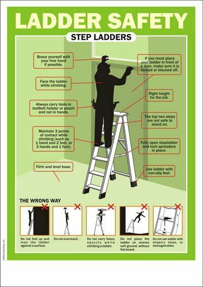 a ladder safety poster with instructions on how to use the ladder for climbing and standing