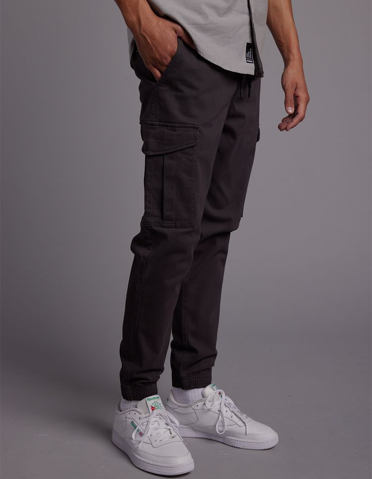 RSQ Mens Twill Cargo Jogger Pants - WASHED BLACK | Tillys Casual Mid-rise Cargo Pants With Elastic Waistband, Fall Casual Cargo-style Bottoms, Casual Bottoms With Belt Loops, Casual Long Pants With Belt Loops, Stretch Cotton Cargo Pants With Belt Loops, Fitted Casual Joggers With Cargo Pockets, Stretch Casual Cargo Style Bottoms, Casual Cargo Long Pants, Casual Mid-rise Cotton Joggers