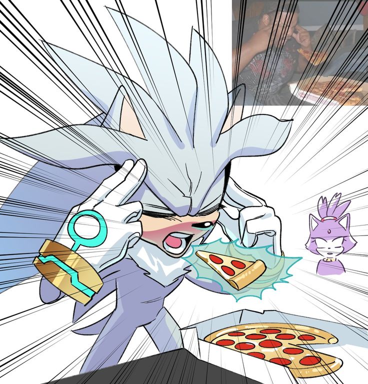 the sonic character is eating pizza with his hands