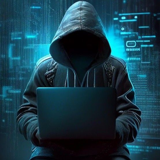 a hooded man sitting in front of a laptop computer