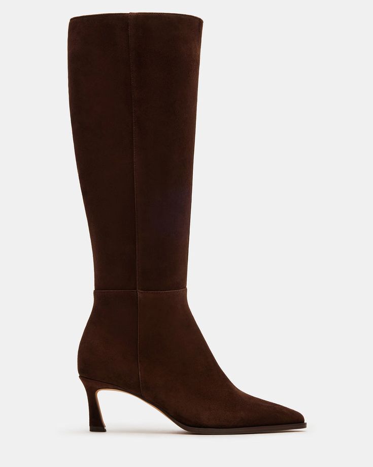 LUCID Brown Suede Pointed Toe Kitten Heel Boot | Women's Boots – Steve Madden Chocolate Brown Knee High Boots, Brown Suede Knee High Boots, Brown High Knee Boots, Boots For Petite Women, Tan Suede Boots, Suede Knee High Boots, Dark Brown Boots, Kitten Heel Boots, Brown Knee High Boots