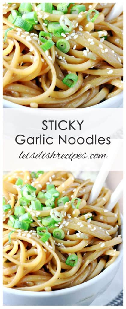 two pictures of noodles with green onions and sesame seeds on top, in a white bowl