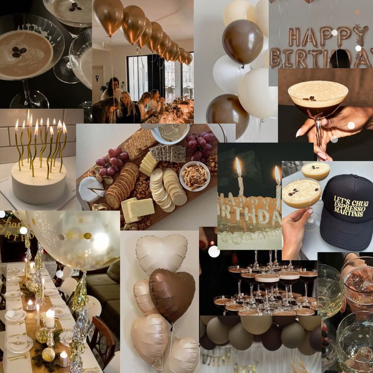 a collage of photos with balloons, cake and desserts on it's table