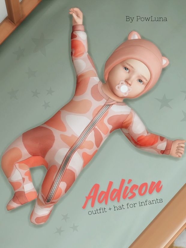 the baby is wearing a pink hat and bodysuit while laying on his back in bed