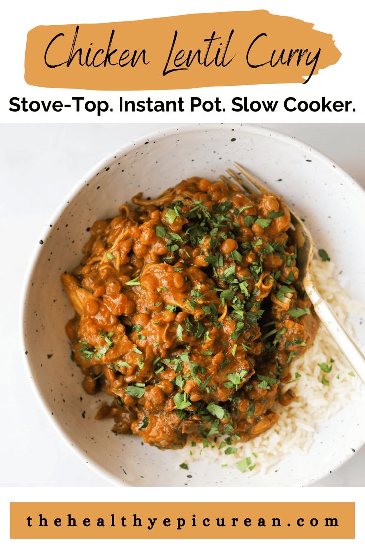 chicken lentil curry in a white bowl with rice and cilantro on the side