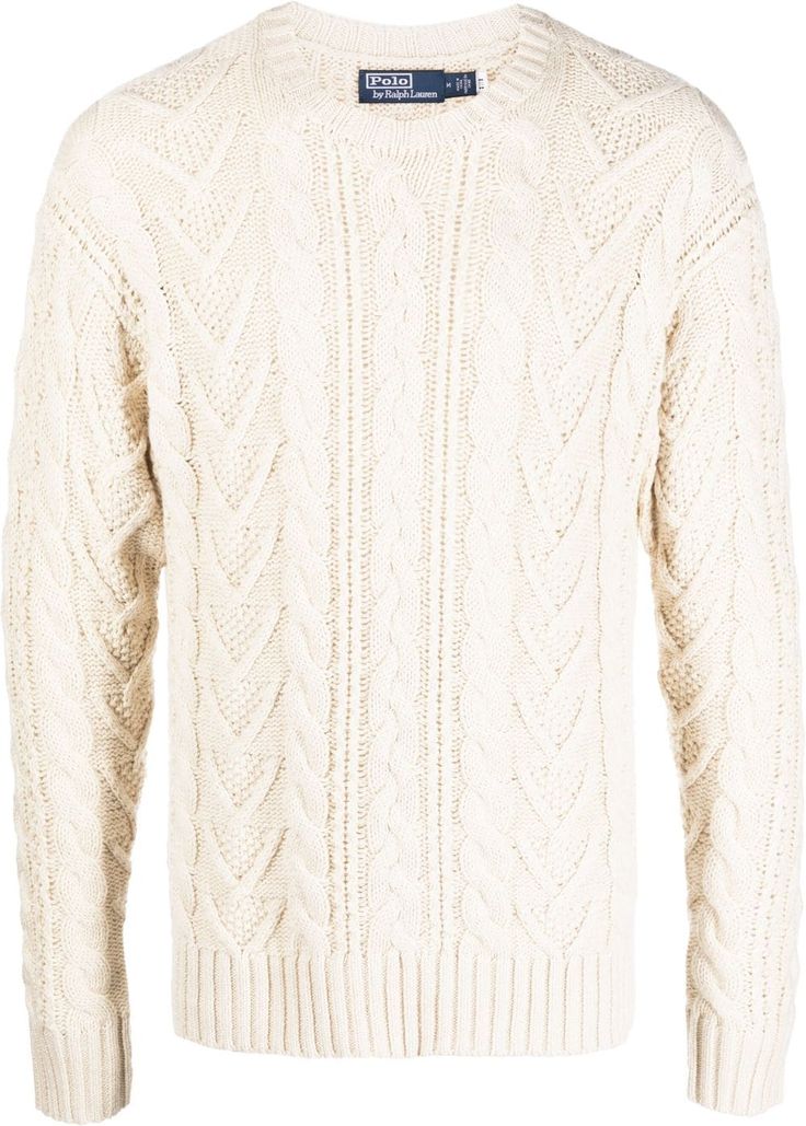 ivory white cotton-cashmere blend cable knit round neck long sleeves ribbed cuffs and hem straight hem