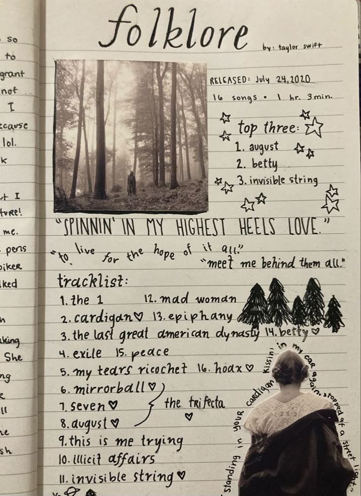 an open notebook with writing on it and pictures of people in the woods behind them