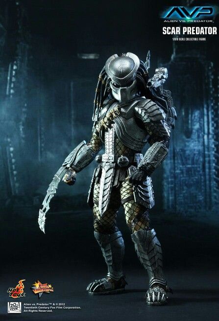 a predator action figure is posed in front of a dark background with the caption's name on it