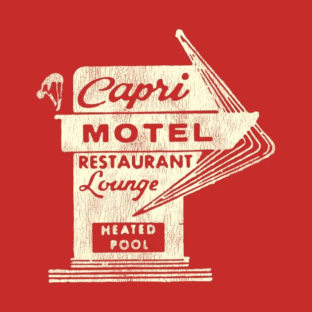 the capri hotel restaurant lounge logo on a red t - shirt with white lettering