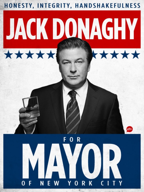 a man in a suit and tie holding a glass with the words jack donaghy on it