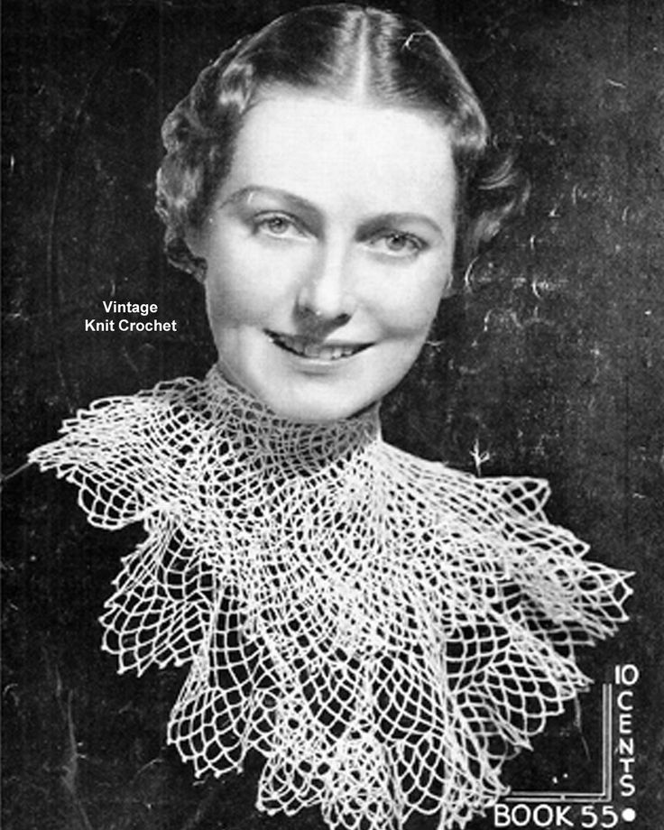 an old black and white photo of a woman wearing a crochet collar necklace