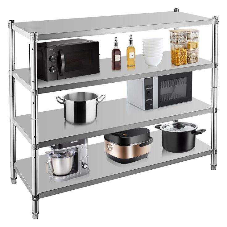 three shelves with pots, pans and other kitchen items on top of each shelf