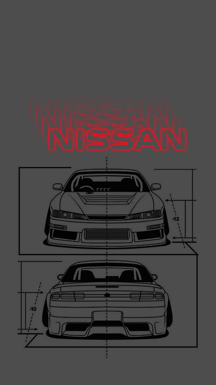 two cars are shown with the words nissan in red on top and bottom, as well as