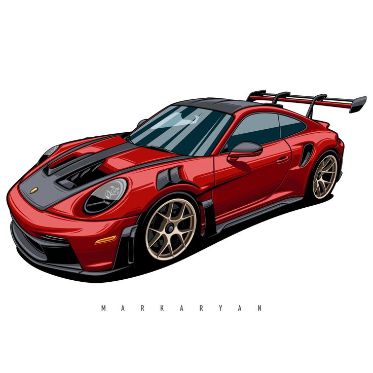 a drawing of a red sports car with black stripes