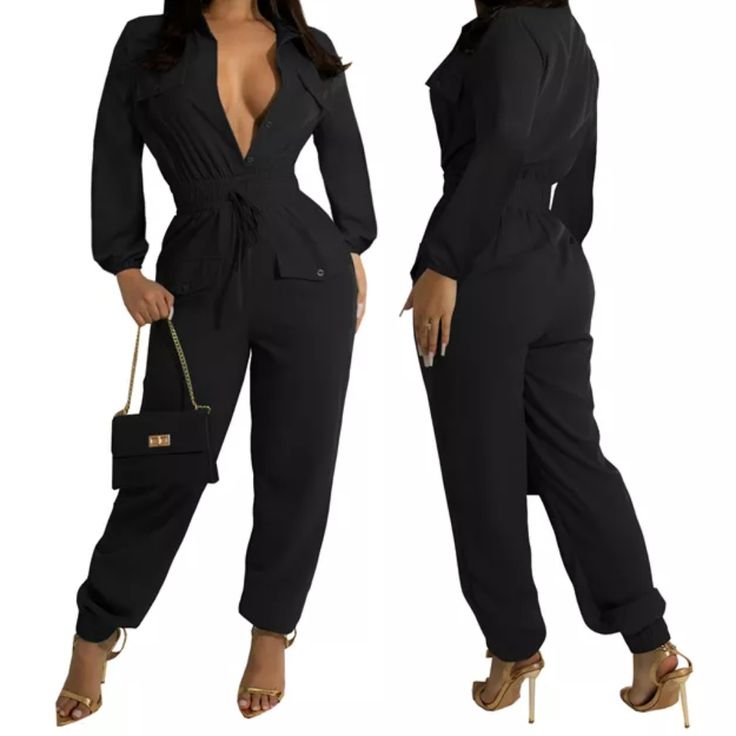 Pockets Details. Button Up Feature. Casual Black Jumpsuits And Rompers For Office, Casual Black Jumpsuit For Office, Black Spring Pantsuit For Date Night, Black Pantsuit For Spring Date Night, Black Pantsuit For Date Night In Spring, Chic Fall Jumpsuits And Rompers For Office, Chic Office Jumpsuits And Rompers For Fall, Chic Fall Office Jumpsuits And Rompers, Chic Office Jumpsuits For Fall