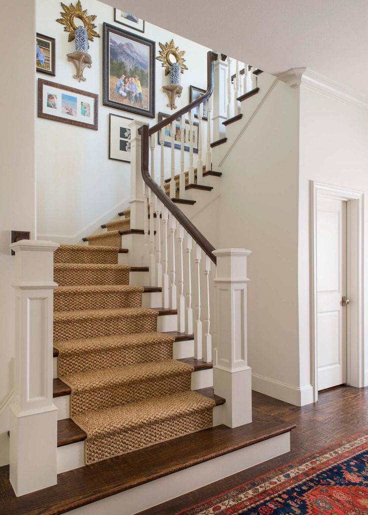 a staircase with pictures on the wall and carpeted steps leading up to an entryway