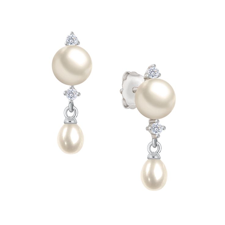 Undeniably elegant… This shimmering sterling silver necklace and earring set features an array of luminous white cultured pearls presented in an elegant drop design.  For the perfect finishing touch, the necklace and earrings are aglow with dazzling simulated diamonds that sparkle with every movement.  Arrives in our Signature Presentation Pouch, perfect for gift giving or safekeeping. Formal Teardrop Pearl Earrings Fine Jewelry, Formal White Pearl Jewelry, Elegant Dangle Pearl Necklace With Pendant, Elegant Pearl Necklace With Dangle Pendant, Elegant Pearl White Dangle Necklaces, Elegant White Jewelry With Pearl Charm, Elegant Silver Pearl Necklace For Formal Occasions, Pear-shaped Pearl Drop Bridal Earrings In White Gold, Classic Pearl Jewelry With Elegant Design