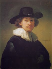 a painting of a man with a black hat and white collar wearing a black dress