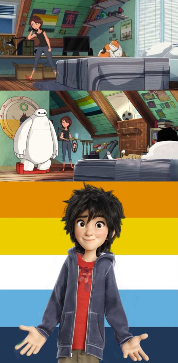 an animated image of a boy standing in front of a bed and another cartoon character behind him