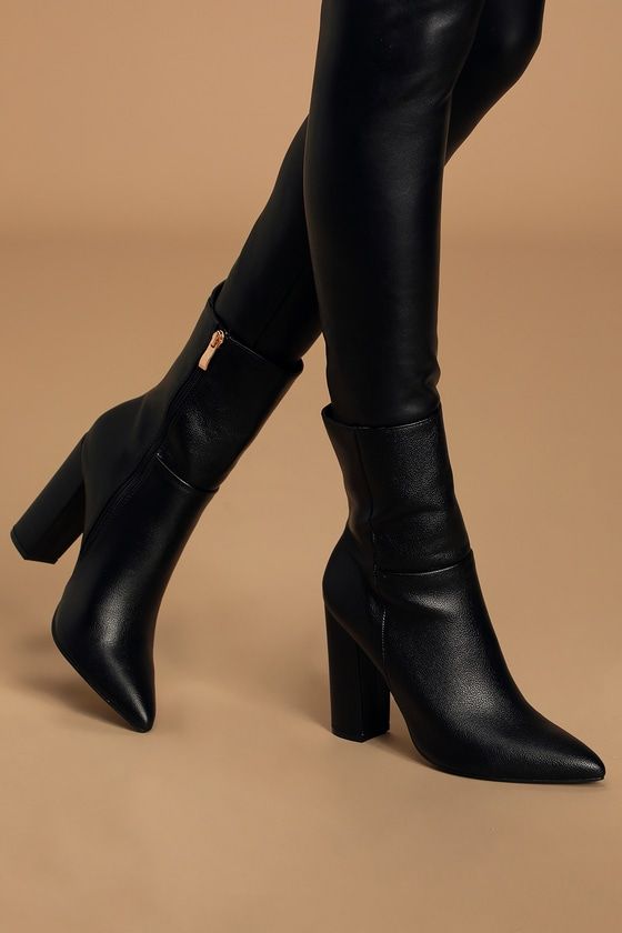 Girl, let your hair down, put on your fanciest outfit, and take a walk on the wild side in the Lulus Dawson Black Pebble Pointed-Toe Mid Calf Boots! Pebbled vegan leather shapes these trendy boots with a pointed toe upper, mid-calf shaft with a 11"" circumference, and an 8.5"" gold zipper at instep, all atop of a sleek wrapped block heel. 4. 25" Wrapped Block Heel. Cushioned Insole. All Man Made Materials. Imported. Lulus | Dawson Black Pebble Pointed-Toe Mid Calf High Heel Boots | Vegan Friendl Dr Shoes, Trendy Boots, Walk On The Wild Side, Womens Chunky Heels, Let Your Hair Down, Hair Down, Take A Walk, Calf Boots, Pretty Shoes