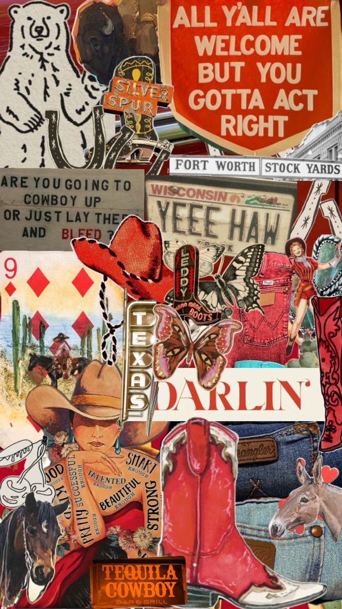 an altered collage of various items including cowboy hats, boots and other things that are on display