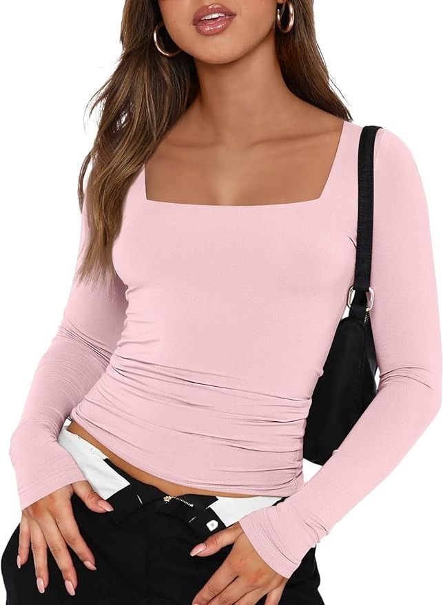 Trendy Queen Womens Valentines Day Long Sleeve Shirts 2024 Basic Crop Tops Fashion Slims Fitted Y2k Workout Clothes Square Neck Going Out Spring Outfits Pink at Amazon Women’s Clothing store Long Sleeve Going Out Top, Y2k Workout, Pink Top Outfit, Long Sleeve Pink Shirt, Crop Tops Fashion, Basic Crop Tops, Vacation Shopping, Rave Party, Scoop Neck Long Sleeve