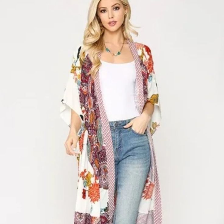 Multi Mixed Contrast Pattern Kimono ~ Multi Pattern Mixed ~ Loose Fit Contrast Kimono ~ Side Slits ~ Breezy Silhouette Flowly ~ Although It's True They Look Stunning With Jeans, Kimonos Also Look Perfect Worn With Midi Skirts, Long Dresses, Culotte Trousers Or Knitted Shorts Material: 100% Rayon, Color Is Off White Mix. Casual Patchwork Kimono For Fall, Casual White Kimono With Kimono Sleeves, Casual White Kimono For Spring, Casual White Spring Kimono, White Bohemian Long Outerwear, Casual Printed Kimono, Casual Printed Kimono For Brunch, Summer Long Patchwork Outerwear, Long Patchwork Summer Outerwear