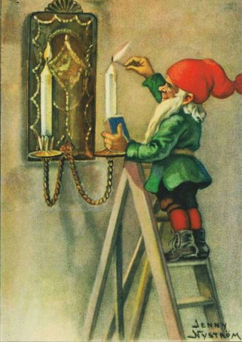 an old fashioned christmas card shows a little boy on a ladder lighting a candle