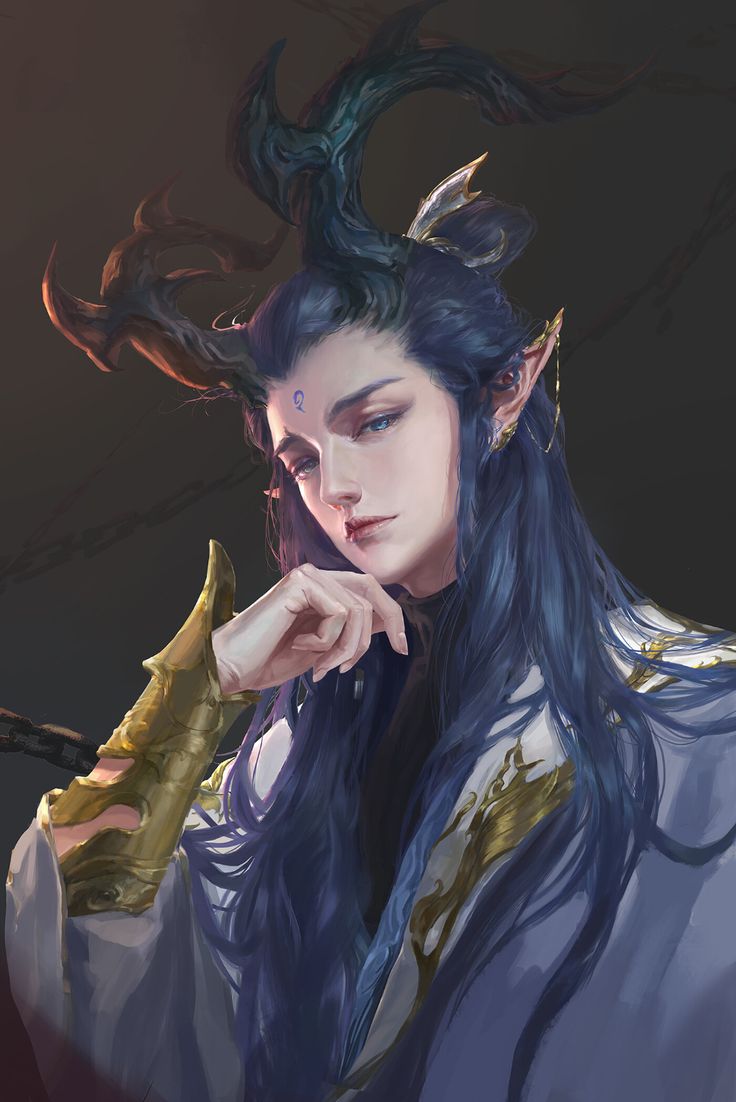 a digital painting of a woman with horns on her head and hands near her face