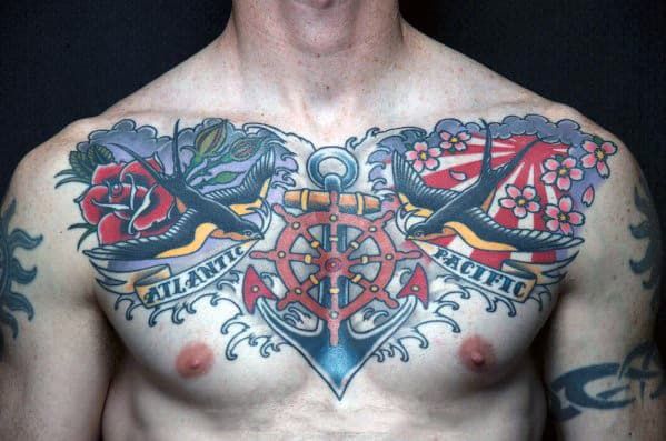 a man with tattoos on his chest and chest