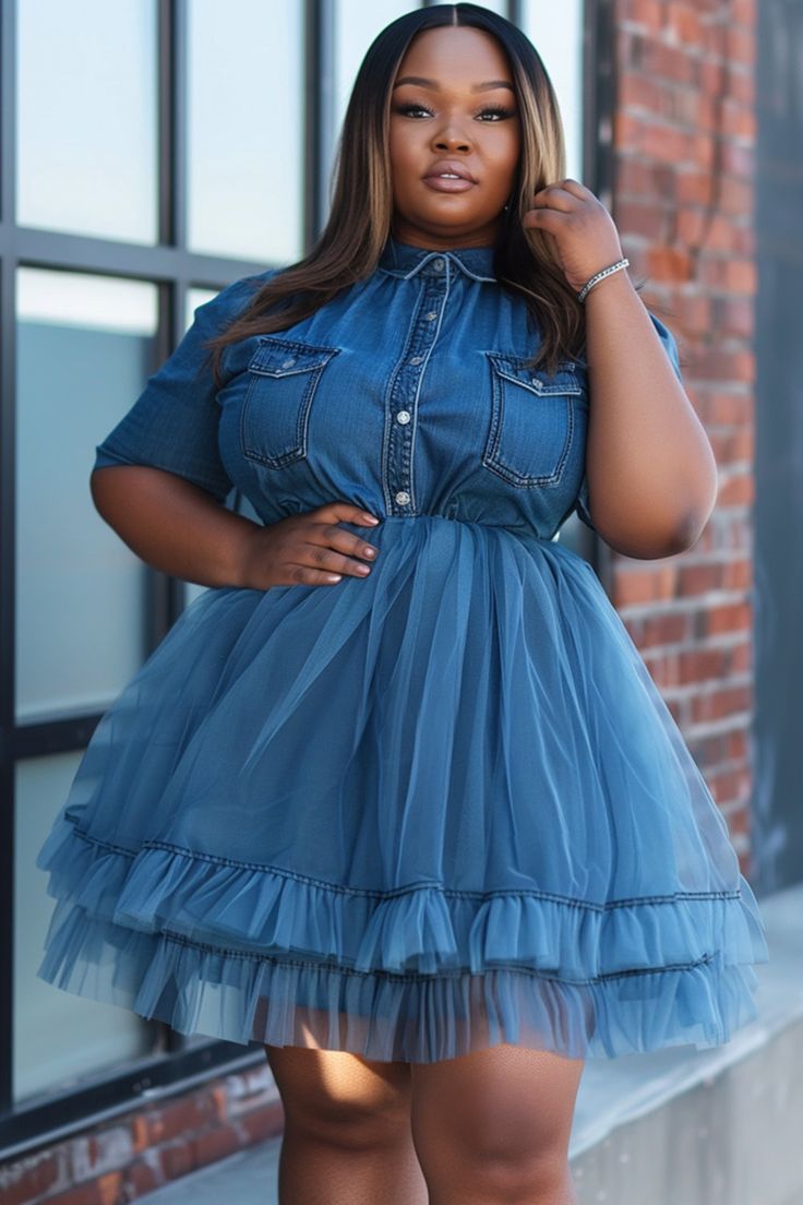 Xpluswear Design Plus Size Daily Blue Ruffle See Through Tencel Denim Tulle Overall Dress Plus Size 70s Fashion Outfit, Denim Themed Party Outfit, Denim On Denim Outfit Black Women, Denim Dress Outfit Summer, Casual Chic Dresses, Plus Size Baddies, Shirt Collar Pattern, Summer Tips, Dresses Occasion