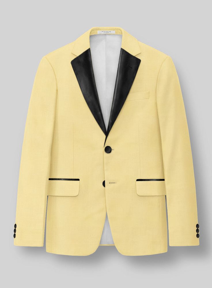 A bold take on wool suits, our Napolean Yellow Wool Tuxedo suit style helps create a slender silhouette while also remaining comfortable and versatile. Crafted from wool blend, the tuxedo makes a statement because of the color alone and you have to be ready for the attention you will attract wearing this outfit.   Featuring satin lapel, matching satin covered buttons and gentle texture at its surface, our tuxedo is a subtle fashion-forward take on a traditional tailoring.   Look Includes  Napole Grey Tweed Suit, Green Velvet Jacket, Herringbone Tweed Jacket, White Linen Suit, Peaky Blinders Suit, Royal Blue Suit, Beautiful Suit, Black Tuxedo, Tuxedo Suit