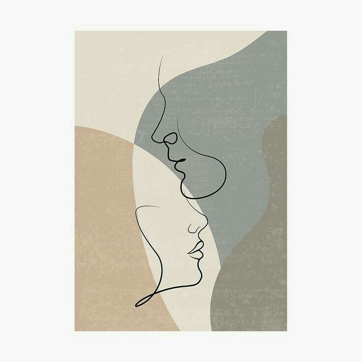 an abstract drawing of two women's faces in shades of grey, beige and white