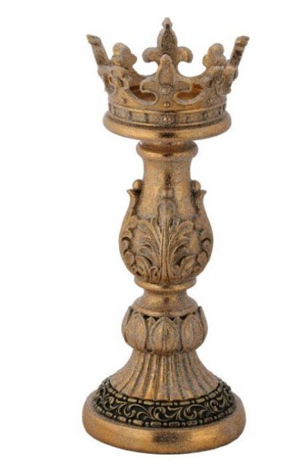 a gold metal candle holder with a crown on top and an ornate design around the base