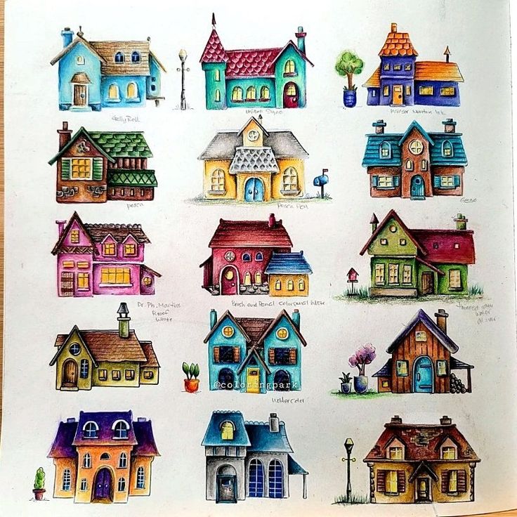 a drawing of many different houses on a piece of paper