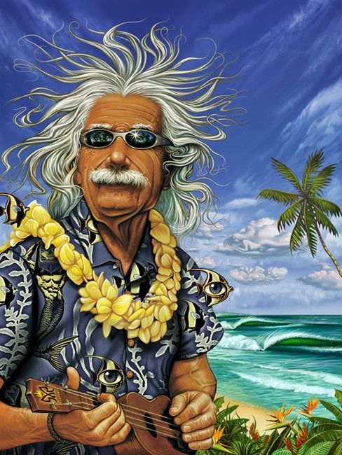 a painting of an old man playing a guitar on the beach with palm trees in the background