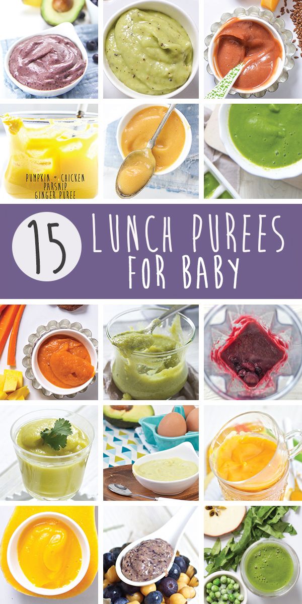 the top ten lunches for baby are in bowls and on plates, with text overlay that reads 15 lunch purees for baby