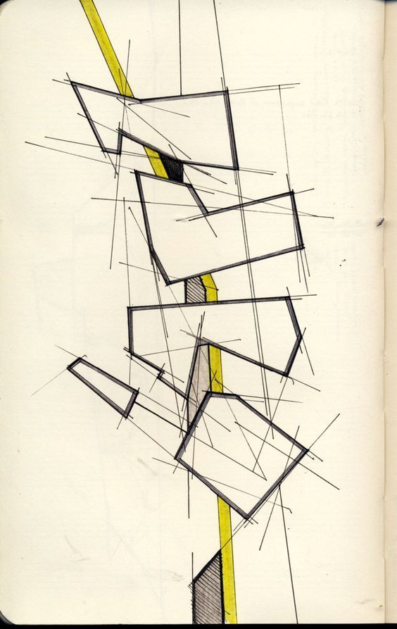 an abstract drawing with lines and shapes on white paper, in black and yellow colors