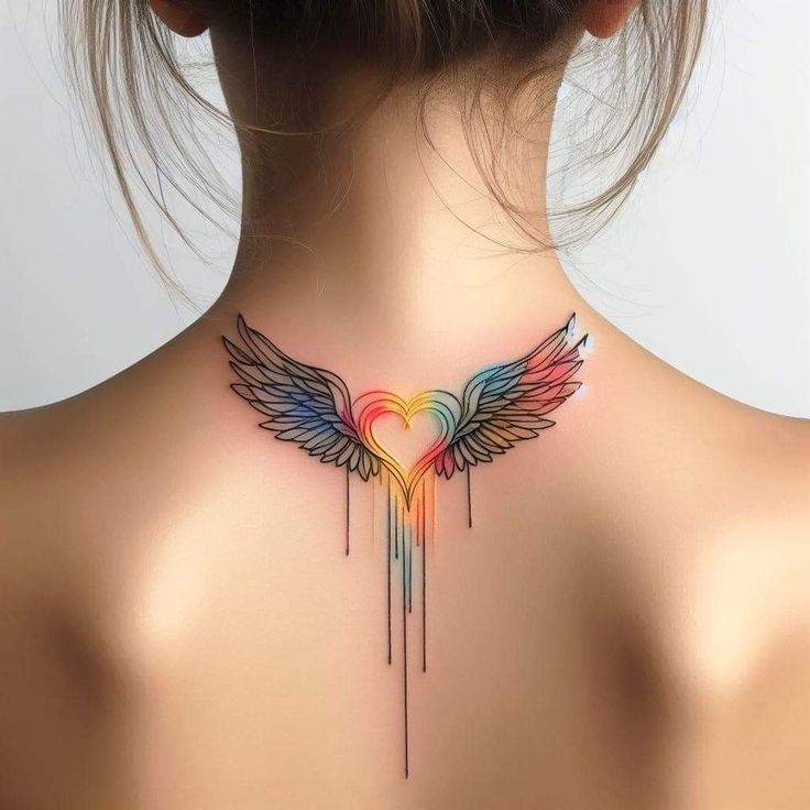 the back of a woman's neck is decorated with colorful wings and rainbow colors