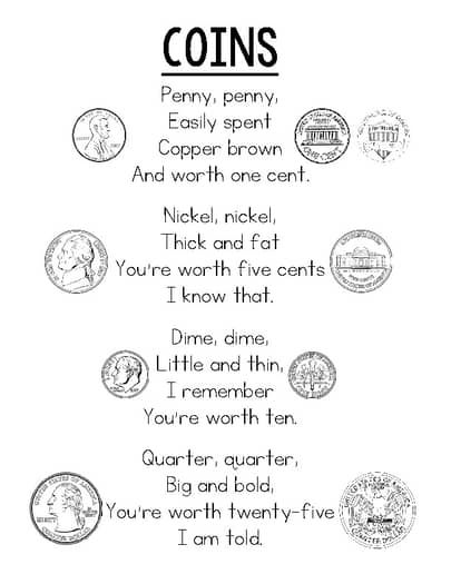 a poem written in black and white with coins on it