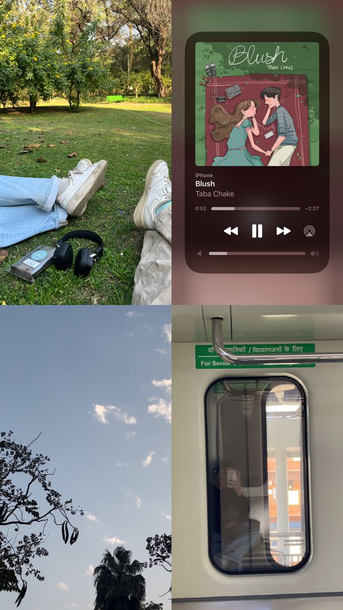 there are two pictures with people sleeping on the ground and trees in the park, one is listening to headphones