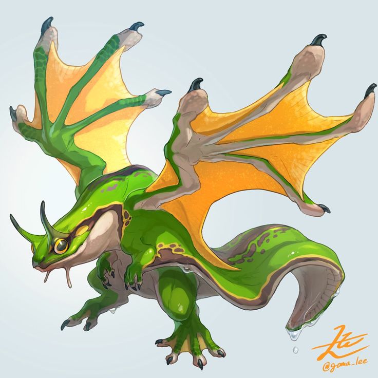 a green and yellow dragon flying through the air