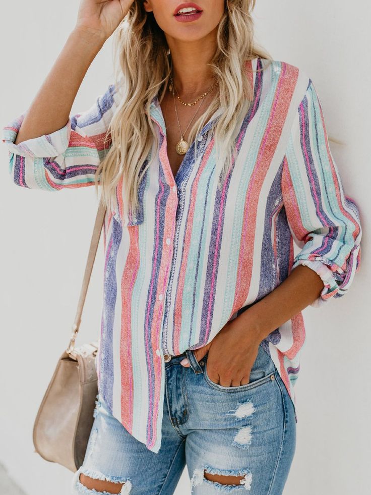 SPU: BL70E8FAMaterial: PolyesterPattern Type: StripedSleeve Type: Long SleeveStyle: CasualNeckline: Shirt CollarElasticity: Slightly stretchyThickness: LightweightColor: MulticolorSize: S,M,L,XL,XXLTheme: Spring/FallShoulder (cm): S:37, M:38, L:39, XL:40, XXL:41Bust (cm): S:90, M:94, L:98, XL:102, XXL:106Waist (cm): S:84, M:88, L:92, XL:96, XXL:100Sleeve Length (cm): S:56, M:57, L:58, XL:59, XXL:60Length (cm): S:70, M:71, L:72, XL:73, XXL:74Size Chart SizeShoulderBustWaistSleeve LengthLengthcmin Straight Clothes, Wholesale Shirts, Weave Style, Casual Stripes, Roll Up Sleeves, Collar Top, Striped Fabrics, Rainbow Stripes, Sleeves Pattern