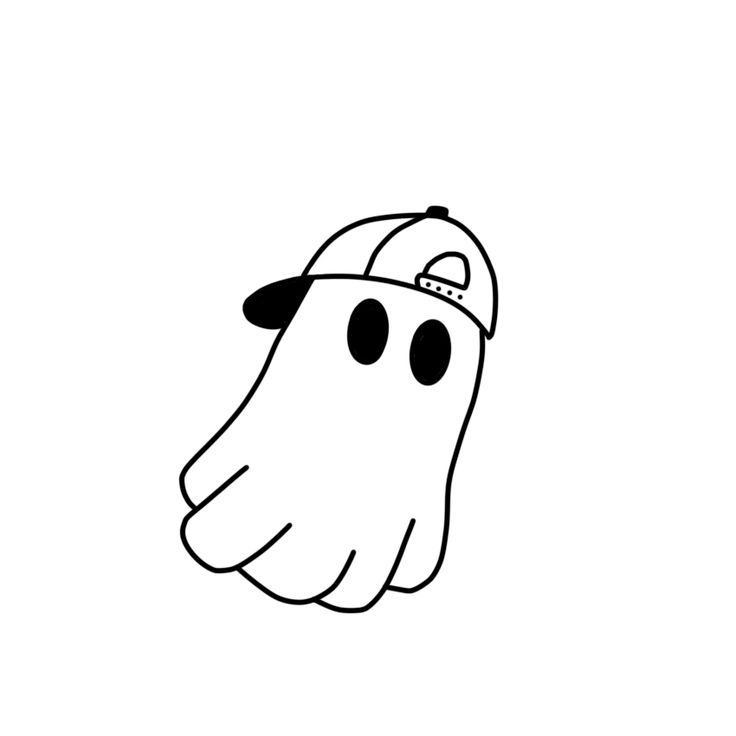 a black and white drawing of a ghost wearing a baseball cap with eyes drawn on it