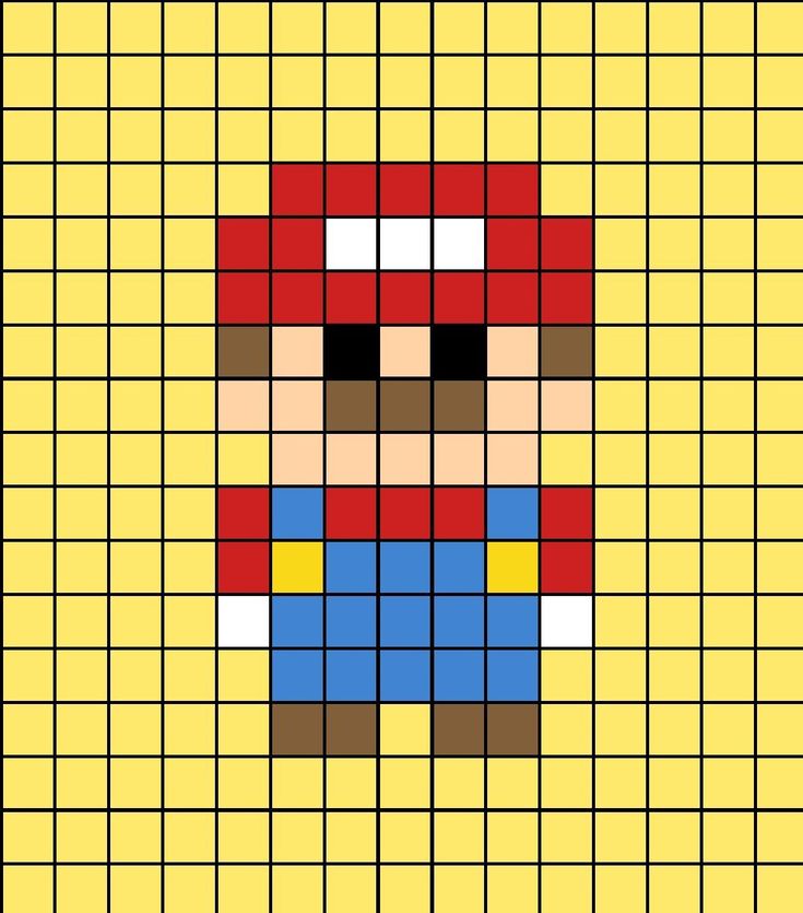 A small pixel art template of Mario from the Nintendo Mario series. Pixel Art Grid Easy Small Cute, Pixel Art Without Black, Person Pixel Art, Pixel Art Square, Nintendo Pixel Art, Small Pixel Art, Graph Paper Drawings, Easy Perler Beads Ideas, Easy Pixel Art