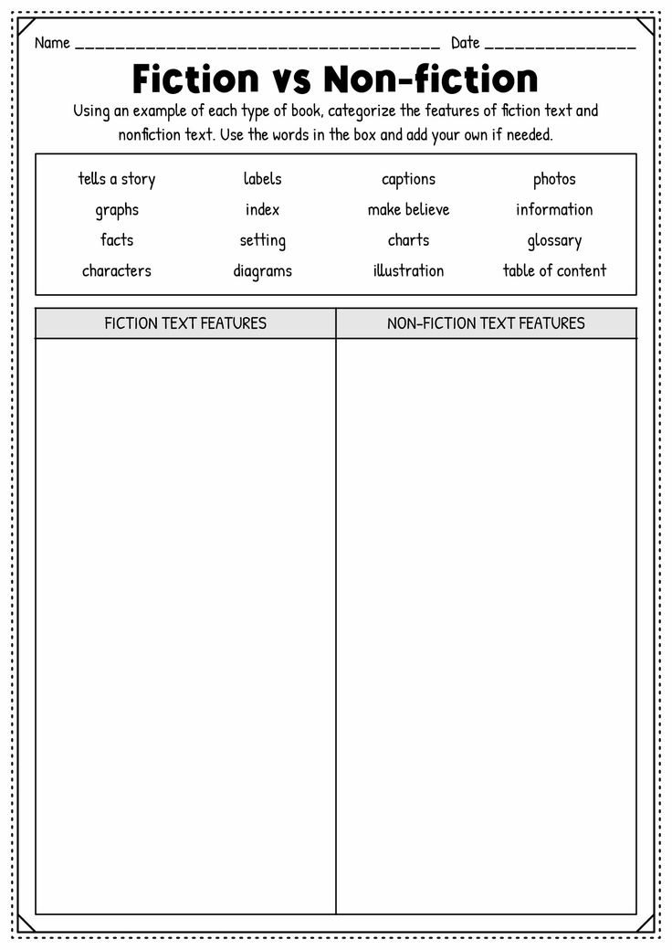 the fiction vs non - fiction worksheet is shown in black and white, with two