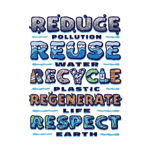 the words reduce pollution, reduce water and recycle regrigate life respect earth