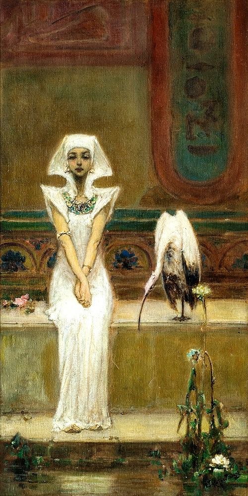 a painting of a woman standing in front of two birds