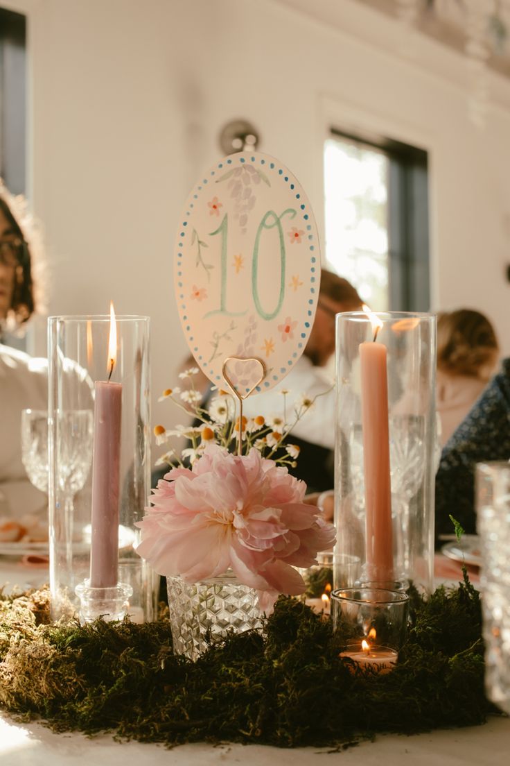 the table is set with candles and flowers