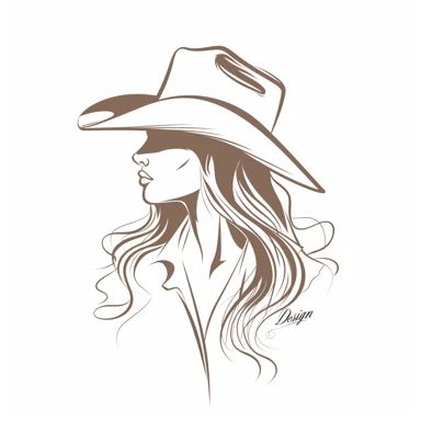 a woman with long hair wearing a cowboy hat, black and white drawing on a white background